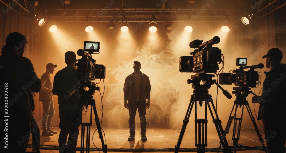 Fototapeta premium Film Crew Shooting Cinematic Scene with Smoke and Studio Lights