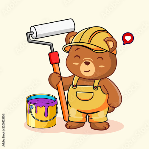 Cute Brown Bear Painter with Paint Roller and Paint Bucket Vector Illustration
