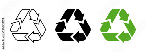 Recycle symbol icons on transparent background, PNG. Recycle vector logo with flat green, solid black and black outline.