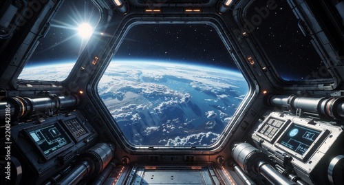 View of Earth from Space Station Interior with Futuristic Sci-Fi Cockpit Windows
