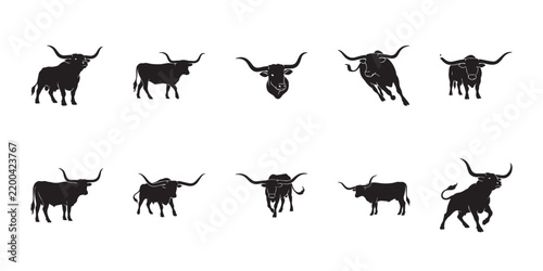 Longhorn bull silhouettes. Black and white graphic resource of longhorn cattle isolated for beef farming and ranch logos.