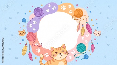 Cute cartoon cat playing with yarn and kite