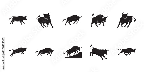 Mongolian cattle silhouettes. Vector collection of mongolian cattle black silhouettes in various action poses for agricultural farm design.