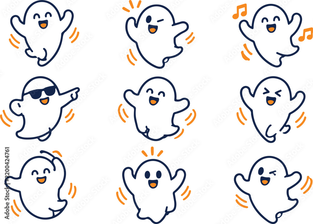 Obraz premium Cute Cartoon Ghost Character Set with Various Happy Expressions