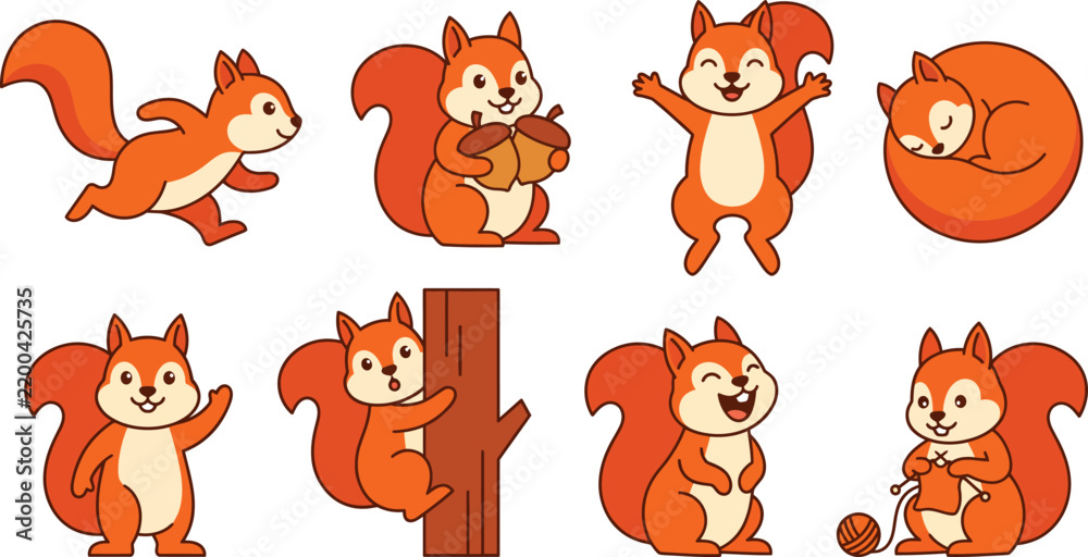 Obraz premium Cute squirrel cartoon character set, 8 orange squirrel vector illustrations in various poses, forest animal mascot collection for children