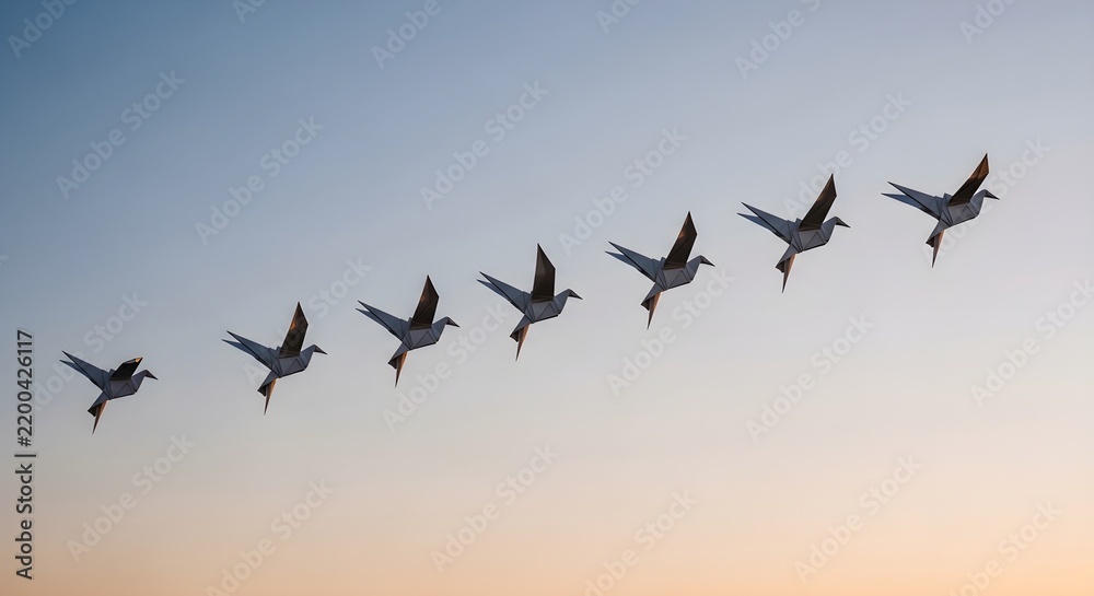 Obraz premium Seven origami paper birds flying in a diagonal formation against a soft sunset sky at dusk