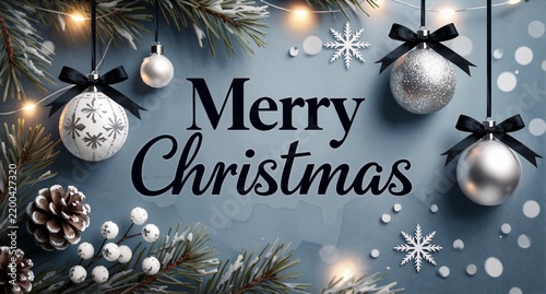 Merry Christmas Greeting Card with Pine Branches, Silver Ornaments and Snowflakes