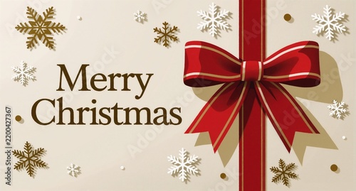 Merry Christmas Greeting Card with Red Ribbon and Snowflakes