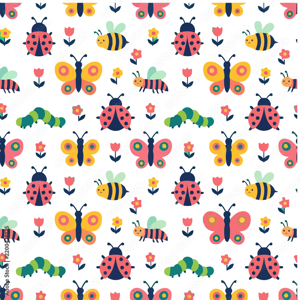 Fototapeta premium Seamless pattern of cartoon insects and flowers