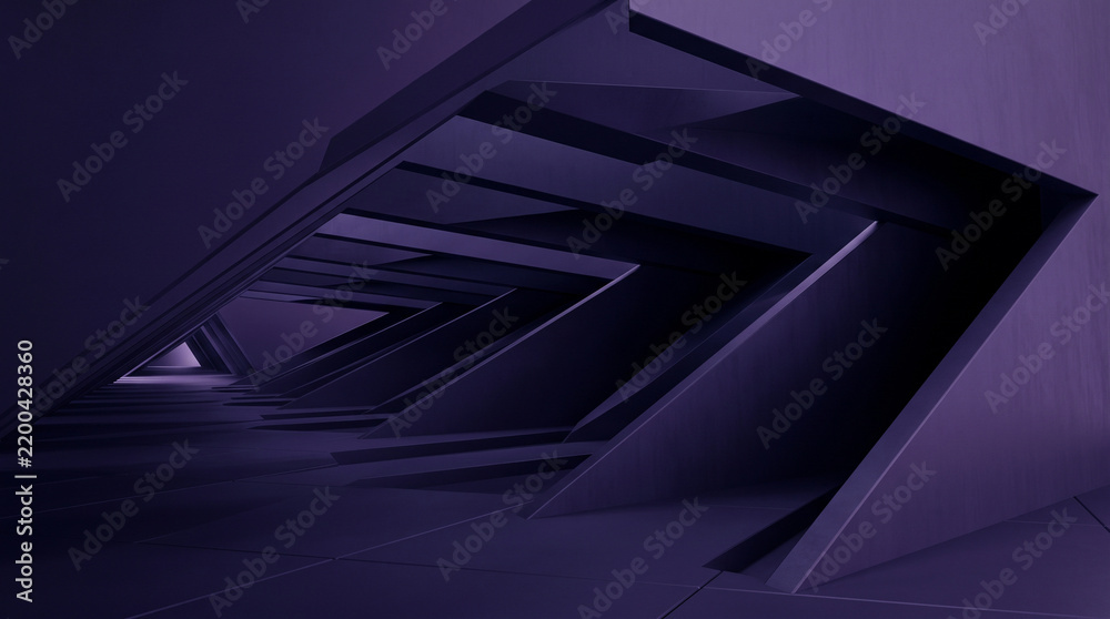 Obraz premium Abstract architectural background with geometric shapes and dark purple lighting, creating a futuristic and modern tunnel perspective
