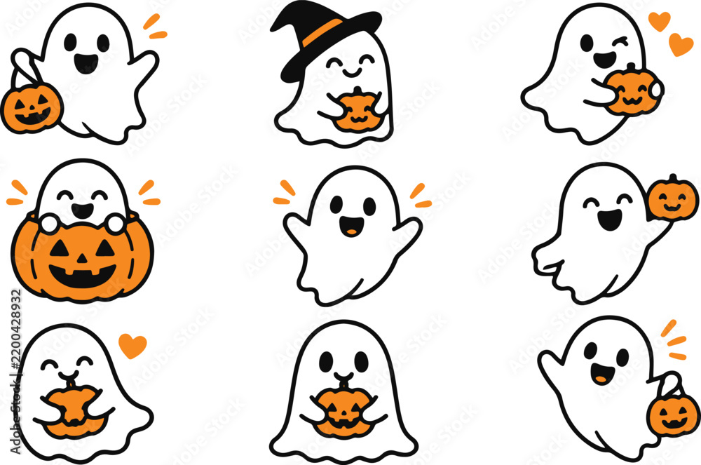 Obraz premium Cute Cartoon Ghost Set With Jack O Lantern Halloween Pumpkins