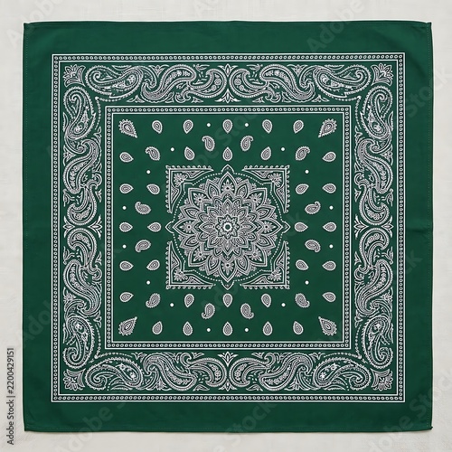 Green bandana featuring a detailed white paisley and floral pattern design