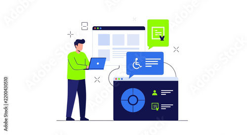 Web Accessibility and Inclusive Design Illustration Featuring a Developer Working on ADA Compliant Digital Interfaces