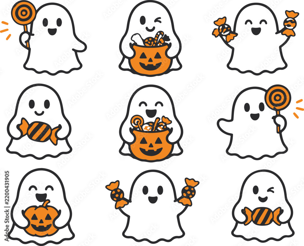 Obraz premium A collection of cute cartoon ghosts holding pumpkins and sweets for the Halloween holiday season.
