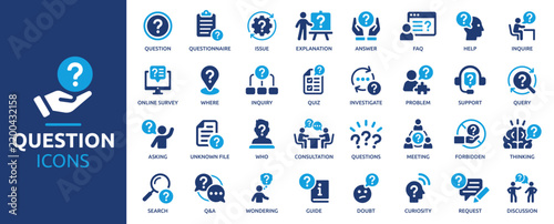 Question Icon Set. Inquiry, Asking, Query, Answer, Help, Explanation and Questionnaire Solid Vector Icons Collection.