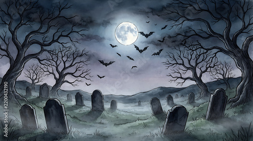 Spooky Cemetery Scene Featuring Tombstones, Flying Bats and Full Moon