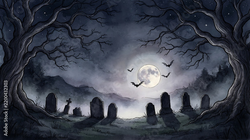 Spooky graveyard scene with full moon and bats flying at night