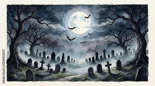 Haunted Cemetery at Night with Full Moon and Swarm of Flying Bats