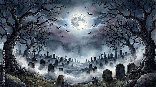 Dark Halloween Graveyard Scene with Moonlit Sky and Flying Bats