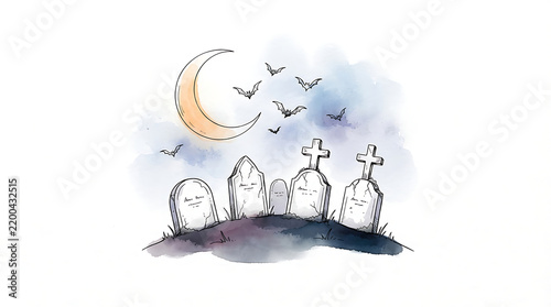 Haunted graveyard scene with tombstones, bats, and a crescent moon