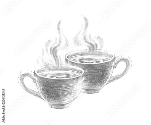 Two hot tea cups with steam hand drawn with graphite pencil isolated on white background