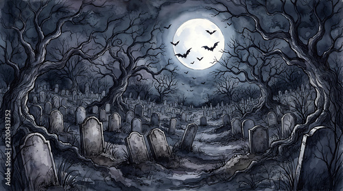 Spooky Halloween Graveyard Beneath Full Moon with Bats in Dark Sky