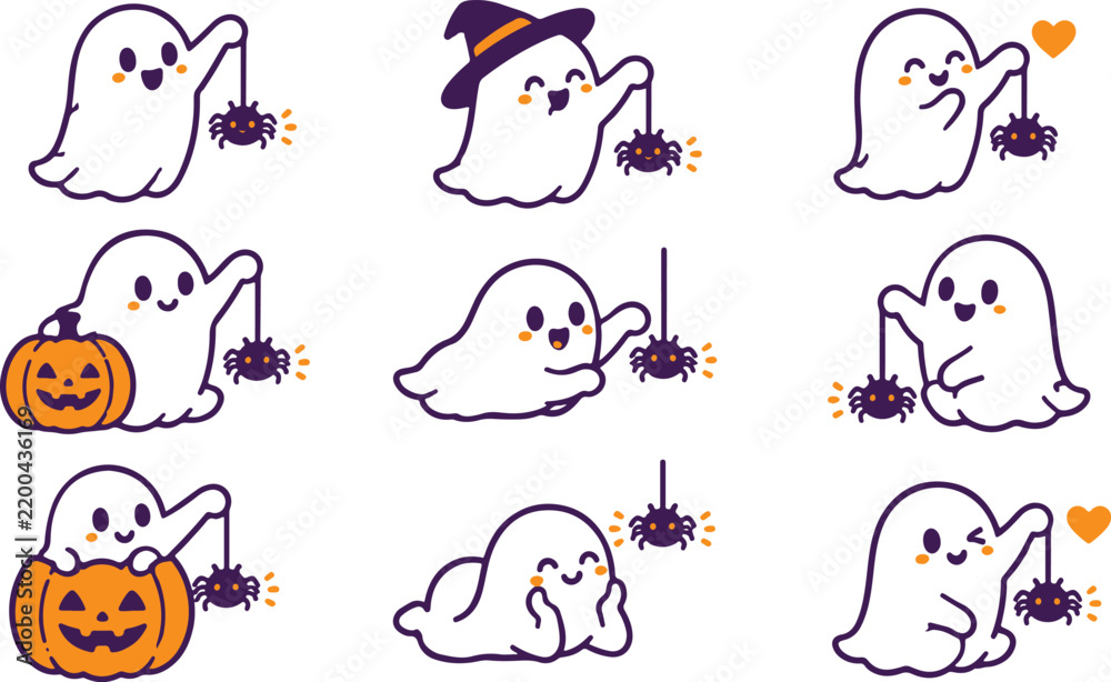 Fototapeta premium Cute Kawaii Ghost Characters With Spiders And Pumpkins Set
