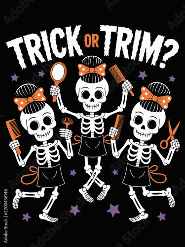 TRICK OR TRIM skeleton hairstylists Halloween salon funny design