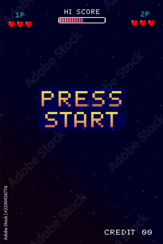 Press Start, insert coins to continue playing. 8-bit pixel art image, retro sci-fi background from vintage computer arcade games, vertical background.