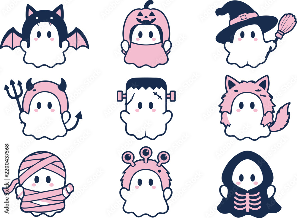 Obraz premium Cute Kawaii Ghost Characters Dressed In Halloween Costume Set