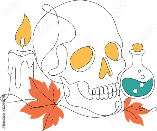 Halloween skull with potion bottle, candle and autumn leaves in continuous line art style