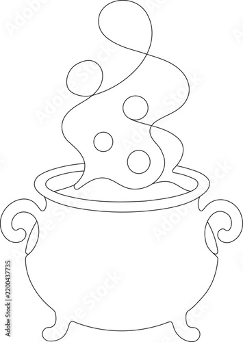 Magic cauldron with bubbling potion and rising steam, minimalist line illustration for witchcraft, Halloween and fantasy themes