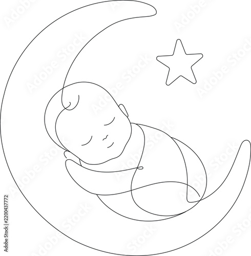 Peaceful sleeping baby resting on a crescent moon with a star, minimalist continuous line illustration for nursery and bedtime themes