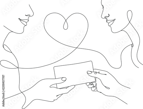 Romantic couple exchanging a gift with a heart between them, minimalist continuous line illustration of love and giving
