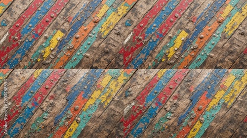 Close up of distressed wood planks with peeling colorful paint