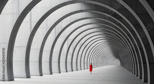 Minimalist Architectural Perspective woman in red dress walking through repetitive concrete arches ideal for conceptual art and fashion editorials.