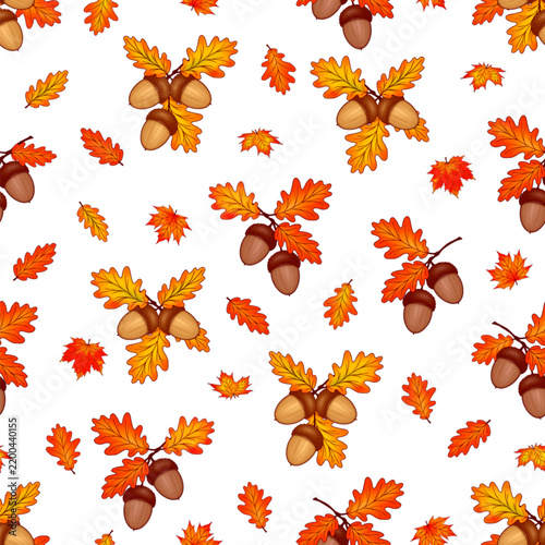 Isolated seamless decorative autumn pattern. Decorative autumn pattern featuring acorns, oak leaves, and maple leaves on a white background. Isolated vector pattern.