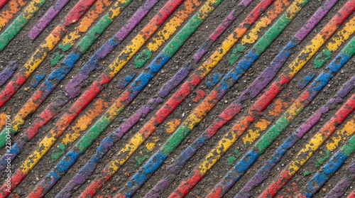 Rainbow colored stripes on weathered textured ground