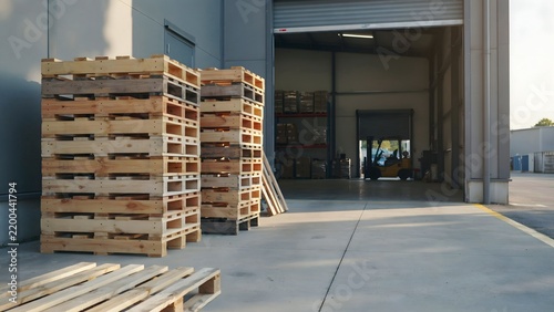 Wooden Pallets Stacked Outside Warehouse Entrance for Industrial Use