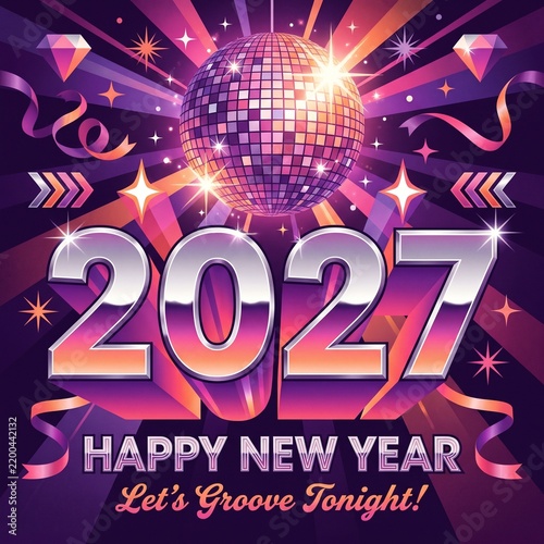 glamorous retro disco Happy New Year 2027 poster
