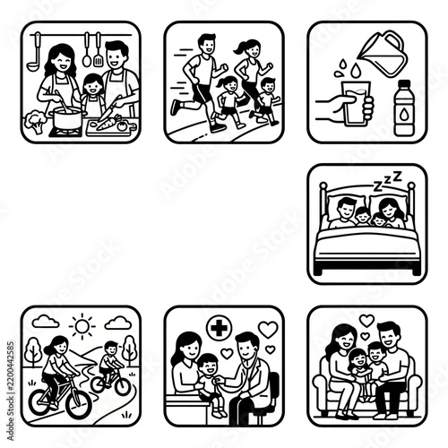Collection of linear icons illustrating healthy family lifestyle habits and daily activities for wellness and medical checkup concepts