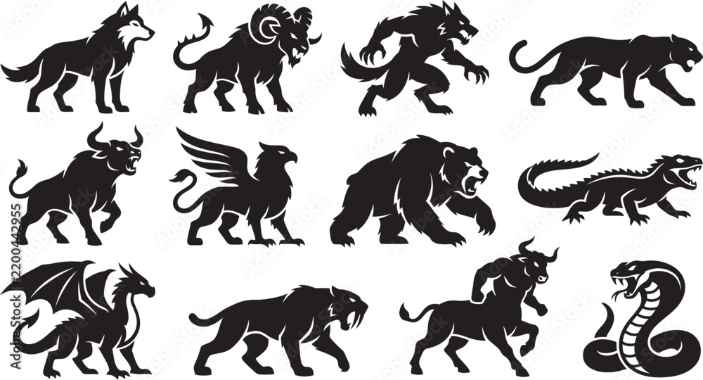 Obraz premium Fantasy Monster and Mythical Creature Silhouette Vector Set