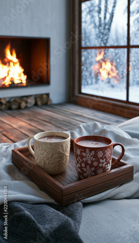 Cozy winter scene with two mugs of hot chocolate on a wooden tray near fireplace