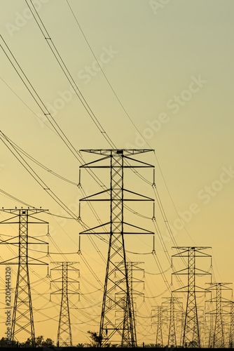 Quadro su tela High voltage electricity pylons and power lines during golden hour sunset