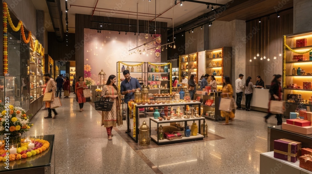 Obraz premium People shopping for diwali gifts in modern retail store filled with bright lights and traditional flower decorations.
