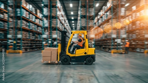 Yellow forklift moving plain cardboard boxes fast panning logistics background concept
