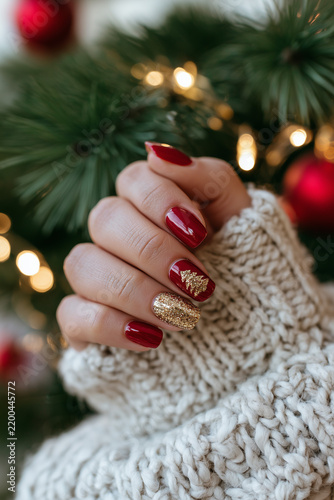 Festive christmas manicure with red and gold glitter nails