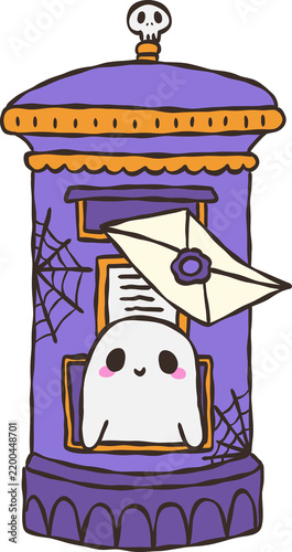 Ghost Mail Purple Street Mailbox. Cute Retro Halloween Creative Cartoon Doodle Hand Draw