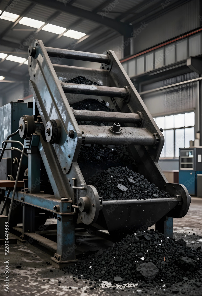 Fototapeta premium Industrial coal processing and mining production, heavy machinery conveyor belt moving raw fossil fuel materials in a large manufacturing factory facility