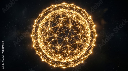 Golden Glowing Network Sphere on Dark Background